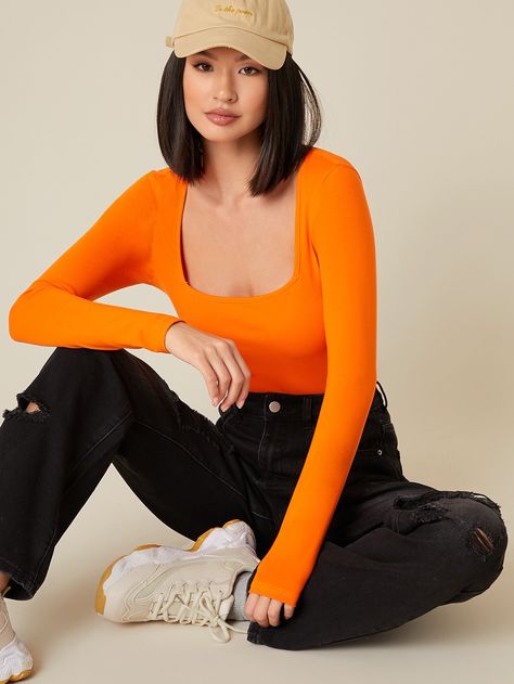 Neon Orange Square Neck Form Fitted Tee Orange Shirt Outfit, Orange Outfits, Shein Basics, Orange Fits, Velvet Dress Designs, Orange Tees, Orange Square, Long Sleeve Outfits, Orange Outfit