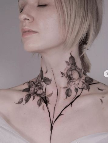 Women Tattoo Design, Flower Neck Tattoo, Front Neck Tattoo, Full Neck Tattoos, Body Tattoo Design, Side Neck Tattoo, Throat Tattoo, Neck Tattoos Women, Special Tattoos