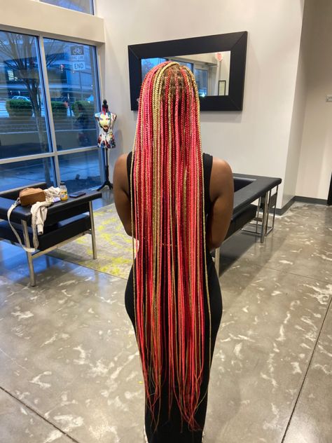 Box Braids Black Women Color, Cute Colors For Knotless Braids, 3 Different Color Knotless Braids, Pink Braids With Black Roots, Multiple Color Braids, Hair Color Ideas For Knotless Braids, Braids Hairstyles Color Ideas, Long Knotless With Color, Knotless Braids Different Colors