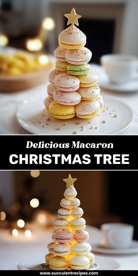 Create a stunning centerpiece with this Elegant Macaron Christmas Tree! Made with colorful macarons, this sweet and festive tree will be the highlight of your holiday celebrations. New Year Macarons, Macaroon Tree, Macaron Christmas Tree, Macarons Display, Macaron Tree, Macaron Christmas, Macaron Display, Colorful Macarons, Christmas Macarons