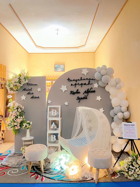 Cradle Function Decoration, Backdrop Aqiqah Simple, Aqiqah Decoration Simple, Akikah Decoration, Decor Aqiqah Baby Boy, Background Aqiqah, Baby Chathi Decoration, Backdrop Aqiqah, Decor Aqiqah