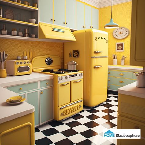 Space oddly constricts and expands in this kitchen. Peculiarities like the oven design and shelf stuck behind the fridge abound. While I generally want lots of countertop space in my kitchen, this one could use a little bit less. Pastel yellow and turquoise accents sit over a checkered floor, and the appliance choices combine with it to provide the retro experience. Modern Retro Interior Design Kitchen, Kitchen With Retro Fridge, Retro Kitchen Yellow, Retro Interior Design Kitchen, Retro Futurism Kitchen, Retro Yellow Kitchen, Pastel Yellow Kitchen, Yellow Appliances, Yellow Fridge