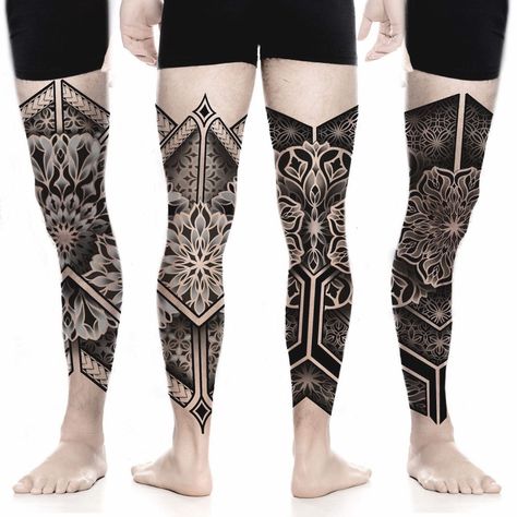 Geomatic Tattoo Design, Geometric Tattoo Leg Sleeve, Tattoo Full Leg, Geometric Tattoo Leg, Tato Maori, Geometric Tattoo Sleeve Designs, Dotwork Mandala, Geometric Sleeve Tattoo, Full Leg Tattoos