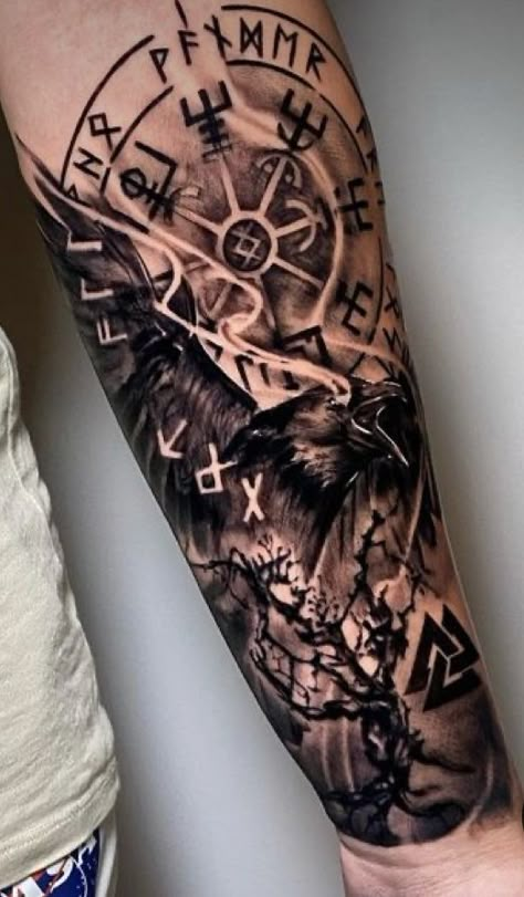 Mjolnir Tattoo, Traditional Viking Tattoos, Viking Tattoos For Men, Viking Warrior Tattoos, Valkyrie Tattoo, Viking Tattoo Symbol, Half Sleeve Tattoos Forearm, Scandinavian Tattoo, Viking Tattoo Sleeve