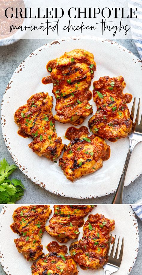 Marinated in a flavorful spicy chipotle sauce and grilled to juicy perfection, these chipotle marinated chicken thighs will quickly become a cookout favorite! Chipotle Maple Chicken Thighs, Chipotle Marinated Chicken, Chipotle Chicken Thigh Recipes, Bone In Chicken Thigh Marinade, Chipotle Chicken Thighs, Spicy Chicken Thighs, Spicy Chipotle Sauce, Chipotle Chicken Marinade, Asada Marinade