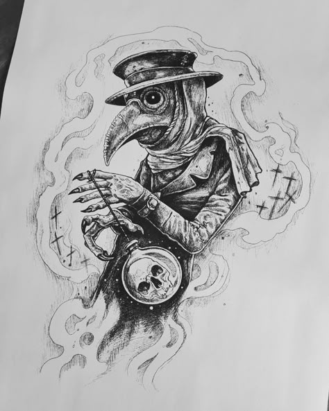 Creepy plague doctor with swinging skull drawing. The Plague Doctor Drawing, Plague Doctor And Nurse Tattoo, Plauge Doctor Tattoo Neotraditional, Plague Doctor Drawings, Plague Doctor Tattoos, Pleg Doctor Tattoos, Plague Doctor Tattoo Creepy, Plage Doctor Tattoo, Plague Doctor Art Dark