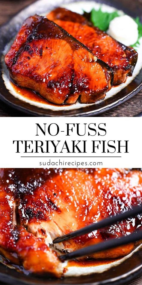 uscious Teriyaki-glazed fish fillet with a shiny, caramelized exterior, served on a rustic plate with a dab of white radish and green leaf garnish. Chopsticks are picking up a bite, showing the tender texture. 'NO-FUSS TERIYAKI FISH' is overlaid on the image. Teriyaki Fish, Easy Asian Dishes, Asian Fish Recipes, Teriyaki Glaze, Fish Fillets, Pescatarian Recipes, Fish Recipe, Healthy Fish, Chinese Cooking