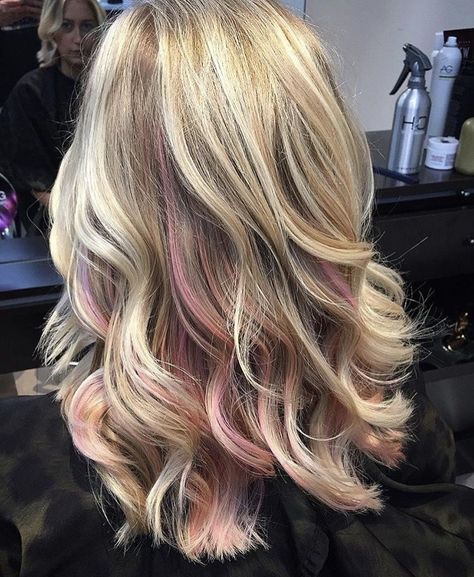 Pink Peekaboo Hair, Blonde To Pink Ombre, Peekaboo Hair Colors, Peekaboo Highlights, Pink Blonde Hair, Peekaboo Hair, Pink Highlights, Blonde Hair With Highlights, Hair Color Pink