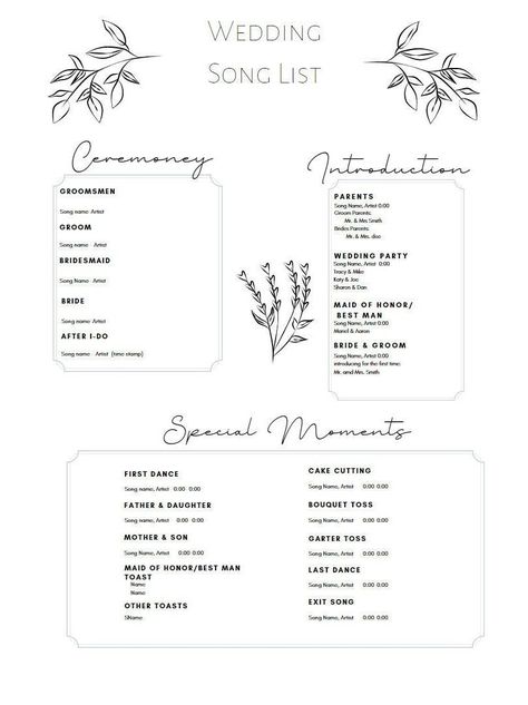 A editable wedding song planning sheet, to make sure your special day flows just right! Wedding Ceremony Song List, Wedding Processional Music, Wedding Music Playlist, Country Wedding Songs, Wedding Song List, Seating Arrangement Wedding, Wedding Ceremony Songs, Wedding Processional, Planning Sheet