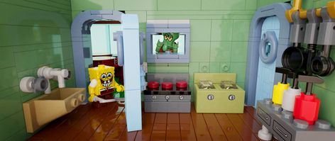 Sponge Bob Freeze Frame, Spongebob Kitchen, Krusty Krab Gingerbread House, Spongebob Still Frames, Krusty Krab Kitchen, Krusty Krab, Lego Tv, Lego House, Lego Brick