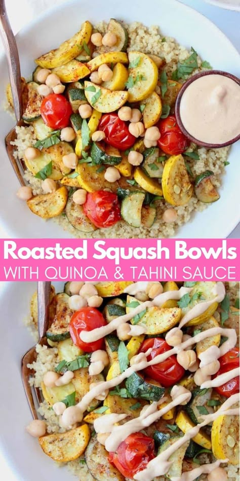 These quinoa bowls are a delicious way to use up all of the summer vegetables in your garden! Oven roasted summer squash, zucchini and cherry tomatoes are topped with the most delicious lemon tahini dressing in these healthy, vegan bowls! Garden Oven, Roasted Summer Vegetables, Roasted Summer Squash, Squash Quinoa, Summer Squash Recipes, Squash Zucchini, Cherry Tomato Recipes, Quinoa Bowls, Roast Zucchini