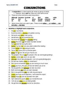 Conjunctions - Worksheet & Answer Key 1st Grade Writing Worksheets, Middle School Grammar Worksheets, Correlative Conjunctions, Text Features Worksheet, Conjunctions Worksheet, Grammar Chart, Punctuation Worksheets, Basic English Grammar Book, Basic English Grammar