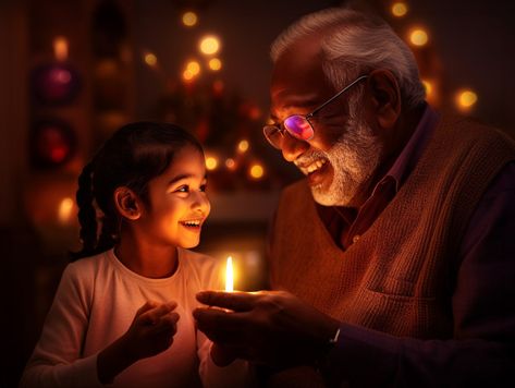 A young person and their older relative are using a small oil la Diwali Celebration Images, Diwali Family, Diwali Lamps, People Celebrating, Celebration Images, Diwali Celebration, Festival Celebration, Beach View, Oil Lamp