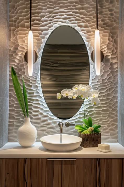 10+ Ideas to Transform Your Powder Room: Inspiring Designs for Small Spaces - Vividly Aesthetic Spa Powder Room, Small Spa Bathroom Ideas, Modern Powder Room Design, Powder Bathroom Ideas, Luxury Powder Room, Spa Aesthetic, Modern Powder Rooms, Modern Powder Room, Glamorous Bathroom