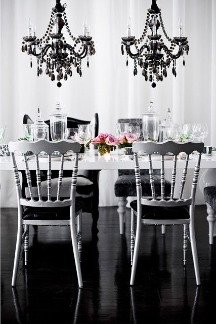 Accessorize any space with chandeliers for a little mood lighting and whole lot of impact. Baccarat Chandelier, Chandelier Dining Room, Live In Style, Black Floor, Decoration Inspiration, Black Chandelier, White Decor, Baccarat, My New Room