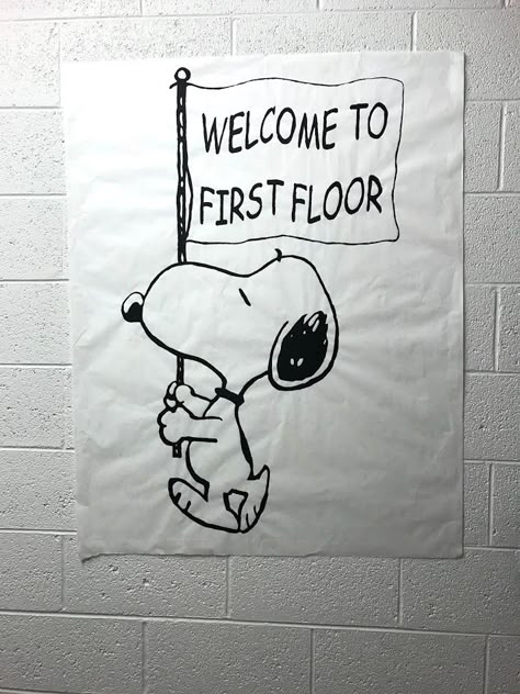 College Hallway Decorations, Ra Dorm Floor Themes, Ra College Floor Themes, Peanuts Ra Theme, Door Decorations Dorm Resident Assistant, Ra Hall Themes Floors, Floor Themes Residence Hall, Snoopy Decor, Ra Dorm Room Ideas