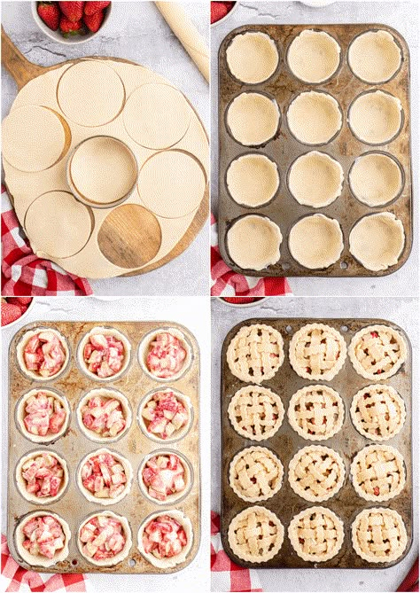 Strawberry Rhubarb Mini Tarts, Mini Rhubarb Tarts, Mini Rhubarb Pies, Mini Strawberry Rhubarb Pie, Strawberry Mini Pies, Strawberry Rhubarb Tarts Recipe, Strawberry Rhubarb Tarts, Strawberry Rhubarb Hand Pies, Mini Strawberry Pies