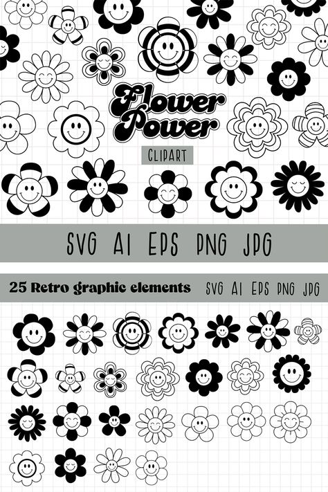 Hippy Flower Tattoo, Smiley Face Flower Tattoo, Smiley Flower Tattoo, Groovy Flower Tattoo, Hippie Flower Tattoos, 70s Clipart, Groovy Tattoo, 80s Flowers, Daisy Smiley Face