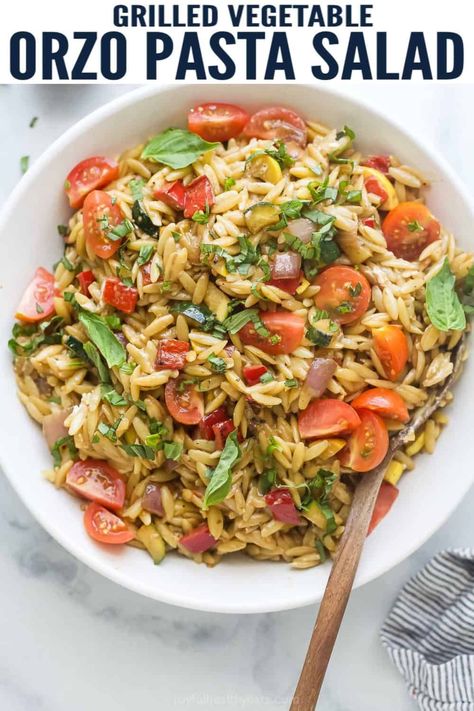 This bright orzo pasta salad with creamy goat cheese and grilled veggies is a 30-minute summer side. Tossed with tangy balsamic-mustard dressing and fresh basil, it hits the spot every time. Add grilled shrimp, beef, or chicken to turn it into the main dish! #pastasalad #quickside #30minuteside #orzosalad #orzopasta #summerside Creamy Orzo Pasta, Vegetable Orzo, Orzo Pasta Salad Recipe, Homemade Balsamic Dressing, Creamy Orzo, Creamy Goat Cheese, Pasta Salad Dressing, Orzo Pasta Salad, Orzo Pasta