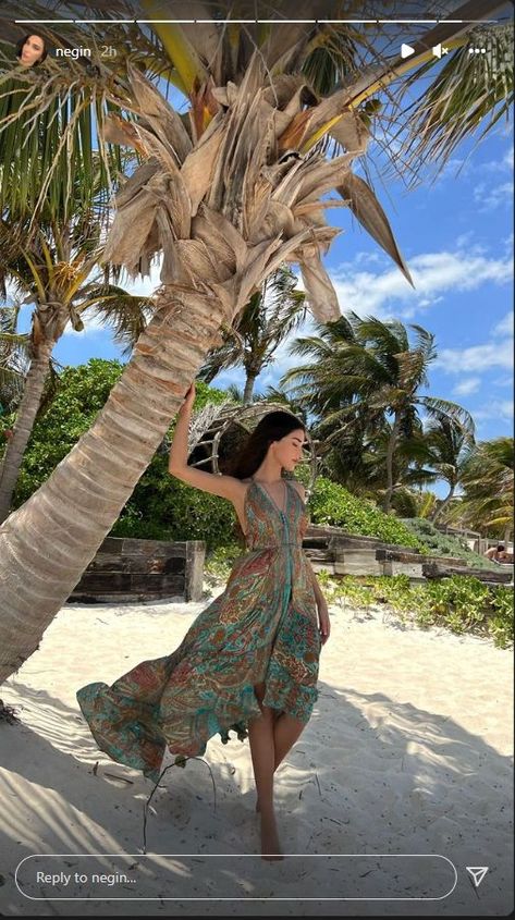 Island Poses Photo Ideas, Negin Vand, Negin Ghalavand, Goa Outfits, Cold Fashion, Beachy Outfits, Island Outfit, Satin Fashion, Beachwear Fashion