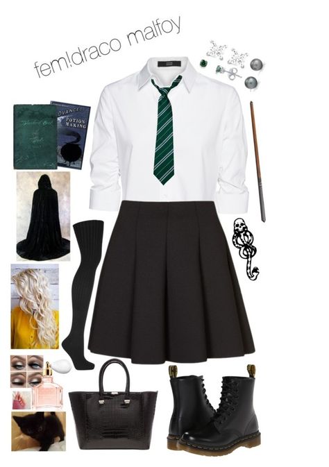 "Fem!Draco Malfoy" by additionalquestions ❤ liked on Polyvore featuring mark., Steffen Schraut, Topshop, Base Range, Dr. Martens, Victoria Beckham, BERRICLE, Blue Nile and Guerlain Fem Draco Malfoy, Slytherin Uniform Female, Tiny Harry Potter Tattoos, Harry Potter Wattpad, Slytherin Uniform, Slytherin Costume, Slytherin Clothes, Slytherin Outfit, Harry Potter Halloween Costumes