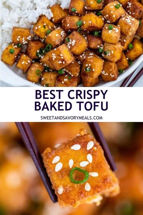 a plate with rice and best crispy baked tofu and chopsticks holding a piece of baked tofu garnished with sesame seeds and green onion Baked Tofu Recipes, Tofu Recipes Baked, Crispy Baked Tofu, Savory Meals, Make Ahead Lunches, Baked Tofu, Best Dinner Recipes, Tofu Recipes, Vegetarian Recipes Dinner