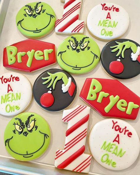 Grinch Themed Cookies Decorated, Grinch 1st Birthday Cookies, Grinch First Birthday Cookies, Grinch First Birthday Cake, Grinch Christmas Cookies Decorated, You’re A Mean One Mr Grinch First Birthday, Your A Mean One Mr Grinch Birthday, The Grinch First Birthday Party, Grinch 1st Birthday Cake