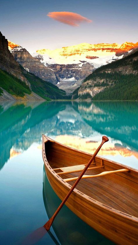 Canoe On Lake, Cedar Strip Canoe, Lake Louise Banff, Sunrise Lake, Landscape Background, Lake Landscape, Lake Louise, A4 Poster, Banff National Park