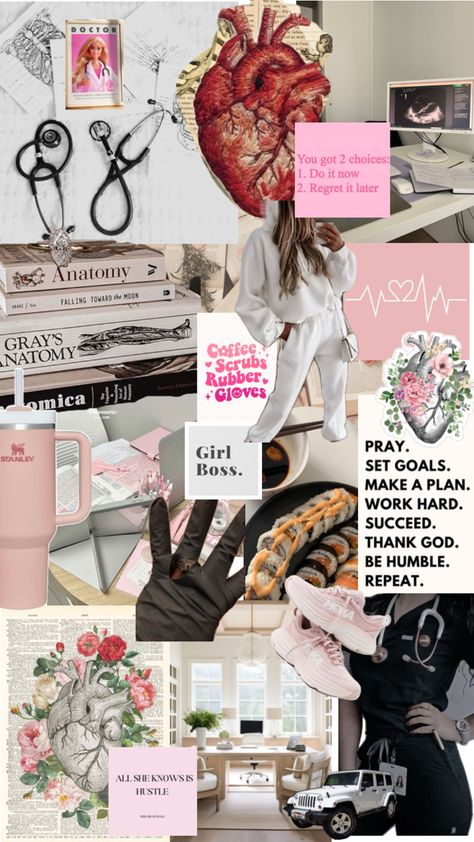 A cardiovascular students pink motivation board. #medicalstudent #sonographystudent #inspoboard #heart #anatomicalheart #studymotivation #girlboss Sonography Aesthetic, Nursing Students Wallpaper, Cardiovascular Sonography, Nursing Student Organization, Nursing Student Quotes, Pink Motivation, Med School Study, Sonography Student, Career Motivation