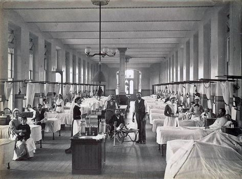 Royal Prince Alfred Hospital interior in 1880-93. 1800s Asylum, Vintage Hospital, Victorian Asylum Patients, 1800s Hospital, 1950s Mental Hospital, Operating Theatre, Nursing Pictures, 1940s Mental Hospital, Nurse Photos