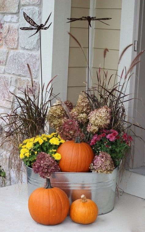 Aerial Plants, Pumpkins And Flowers, Outdoor Fall Decor Ideas, Fall Front Porch Decor Ideas, Summer Planter, Outside Fall Decor, Fall Container Gardens, Fall Containers, Fall Planters