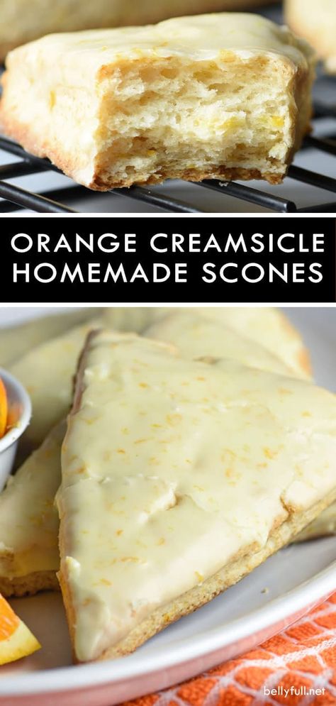 These Orange Creamsicle Scones are tender and flaky, with fresh orange zest throughout and a dreamy orange glaze! #scones #sconesrecipe #creamsiclescones #creamsicle #creamsiclerecipes #orangecreamsicle Panera Orange Scones, Orange Scones Recipe, Copycat Panera, Scone Recipes, Scones Recipe Easy, Orange Scones, Homemade Scones, Orange Glaze, Yummy Dessert