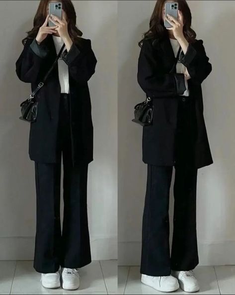 Elegant Monochrome Outfit, Black Formal Pants Outfit, Black Monochrome Outfit, Winter Inspo Outfits, Classy Business Outfits, Womens Fashion Casual Outfits, Monochrome Outfit, Korean Casual Outfits, Casual Day Outfits