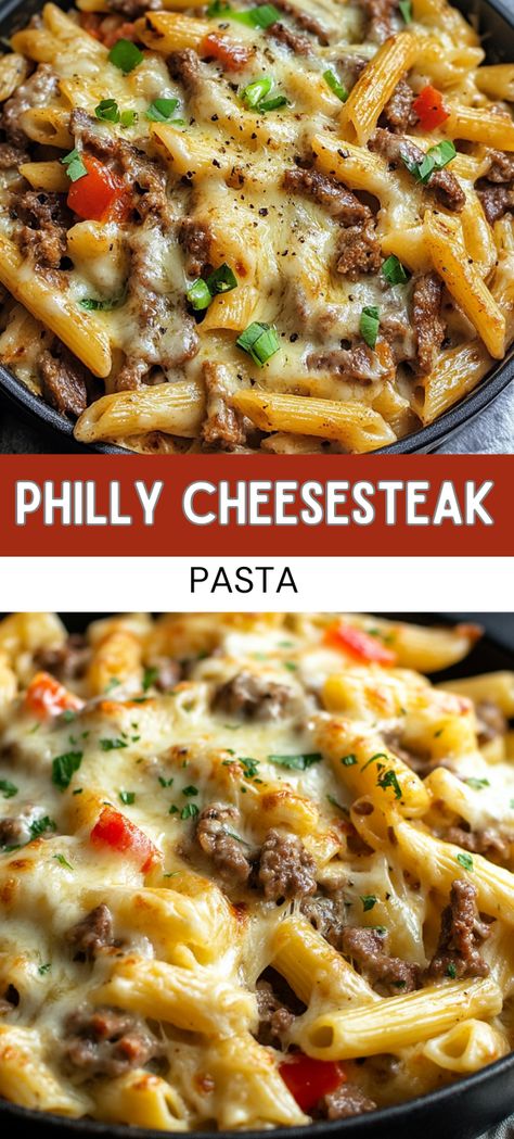 Philly Cheesesteak Pasta Big Family Dinner Ideas Budget, Philly Steak Pasta Bake, New Supper Recipes, Dinner Ideas For Family Of 5 Easy Meals, Small Dinner Ideas For One, Dinner With Chopmeat, Healthy Philly Cheese Steak Pasta, Dinner Recipes Fast And Easy, Pasta For Large Crowd