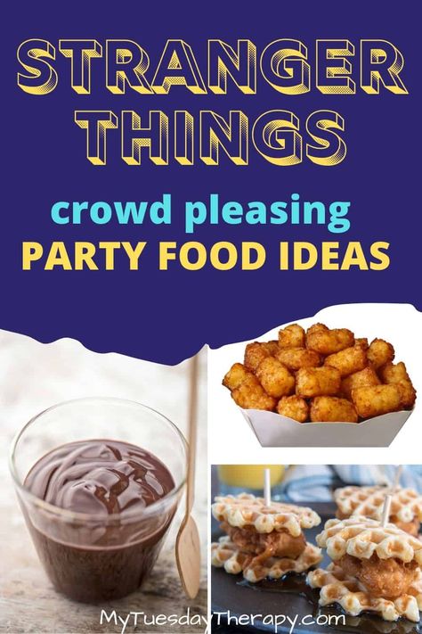 Stranger Things crowd pleasing party food ideas from chocolate pudding to tater tots and waffle sliders. Easy party food for Stranger Things teen birthday party, Halloween party, or Stranger Things viewing party. Stranger Things Menu Ideas, Stranger Things Dinner Ideas, Stranger Things Theme Party Food, Stranger Things Birthday Food, Stranger Things Inspired Food, Stranger Things Snacks Ideas, Stranger Things Waffle Bar, Stranger Things Food Party, Stranger Things Birthday Party Food