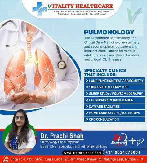 Get comprehensive care for lung diseases, sleep disorders, and critical ICU illnesses at our Pulmonology Department. Services include lung function tests, allergy testing, sleep studies, pulmonary rehabilitation, and more. Consult Dr. Prachi Shah for expert care. #Pulmonology #LungHealth #SleepDisorders #PulmonaryRehabilitation #DrPrachiShah #ComprehensiveCare Pulmonary Rehabilitation, Pulmonology, Sleep Studies, Lungs Health, Allergy Testing, Lung Disease, Disease, Health Care, Sleep