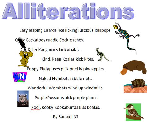 Australian Animals Alliteration Poems » Samuel Alliteration Examples For Kids, Alliteration Books For Kids, Alliteration Poem, Acrostic Poem Examples Names, Holiday Poetry, Alliteration Examples Poetry, Alliteration Examples, Alliteration Poems, Acrostic Poem Examples