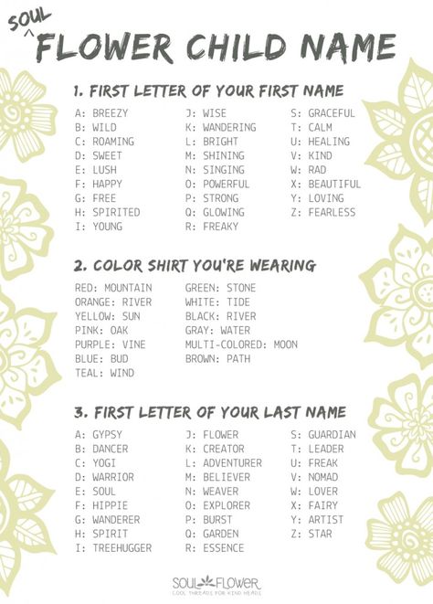 Your Flower Child Name | Hippie Name Generator | Soul Flower Blog Funny Name Generator, Hippie Names, Old Fashioned Names, Fairy Names, Baby Name Generator, Interesting Thoughts, Names Girl, Fantasy Names, Name Games