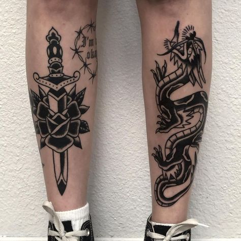 Trad Shin Tattoo, Shin Tattoo American Traditional, Dragon Dagger Tattoo, Dragon Shin Tattoo, Traditional Tattoo Shin, Shin Sleeve Tattoo, Black Work Tattoo Leg, Dragon Knife Tattoo, Shin Tattoo Traditional