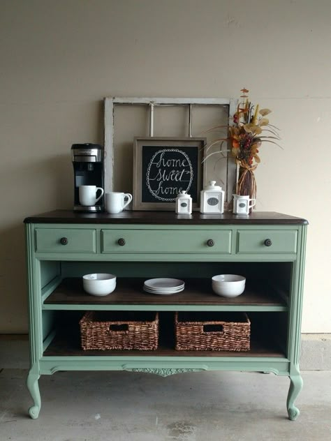 Antique dresser turned coffee bar Refurbished Dresser To Coffee Bar, Coffee Bar Refurbished, Armoir Makeover Diy, Dresser Coffee Bar Ideas, Dresser As Coffee Bar, Dresser Turned Coffee Bar, Dresser Turned Into Coffee Bar, Upcycled Coffee Bar, Dresser To Coffee Bar