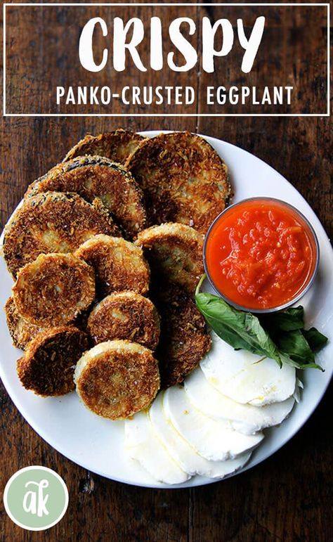 Deconstructed Eggplant Parmesan! These crispy rounds of eggplant parmesan are irresistible, and with a few slices of good bread, you can make a meal out of them. When I can't muster the energy to make a full-blown eggplant parmesan, this is the recipe I turn to. #eggplant #parmesan #summer #easy #deconstructed Panko Crusted Eggplant, Baked Breaded Eggplant Recipes, Deconstructed Eggplant Parmesan, Panko Eggplant, Crispy Eggplant, Meatless Dishes, Pasta Meals, Eggplant Dishes, Presentation Ideas