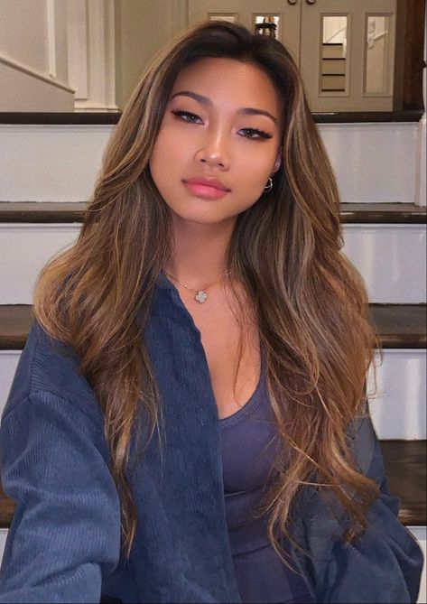 Asian Coloured Hair, Brown Balayage Asian Hair, Honey Brown Hair Asian, Tan Asian Hair Color, Asian Brown Balayage, Rachie Love, Asian Brown Hair, Ginger Brown Hair, Balayage Asian Hair