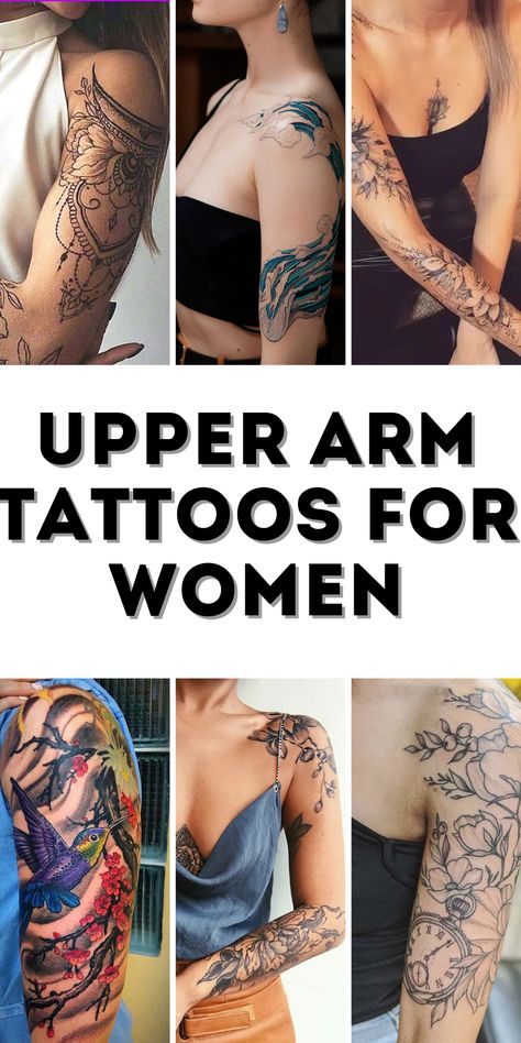 Upper Arm Tattoos for Women: Exploring Beautiful, Unique, and Meaningful Designs Upper Arm Tattoos For Women Vines, Subtle Sleeve Tattoo, Detailed Womens Tattoos, Both Sleeve Tattoos Women, Side Upper Arm Tattoos For Women, Upper Arm Flower Tattoo Half Sleeves, Womens Quarter Sleeve Tattoo Upper Arm, Upper Arm Cuff Tattoo For Women, Inner Tricep Tattoo Women