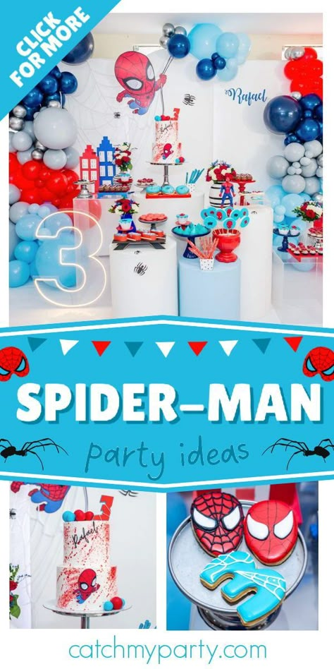 Check out this awesome Spider-Man birthday party! The cookies are so cool! See more party ideas and share yours at CatchMyParty.com Toddler Spider Man Birthday, Spider Man Birthday Party Games, Simple Spider Man Birthday Decor, Spider Man Decorations Birthday, Spider Man Birthday Backdrop, Spider-man Party, Spider-man Birthday, Spider Man Birthday Party Ideas, Spidey Birthday Party