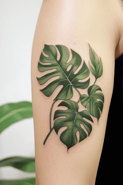 Behold the awe-inspiring beauty of Monsteras, nature's true masterpieces! These plants embody resilience, rarity, and a majestic presence. Now imagine having a permanent symbol of this natural wonder, a way to carry its essence wherever you go. Embrace your love for the wild with something truly extraordinary... Floral Plant Tattoo, Colored Leaf Tattoo, Plant Related Tattoos, Plant Neck Tattoo, Plant Themed Tattoos, Monstera Tattoos, Monstera Plant Tattoo Design, Swiss Cheese Plant Tattoo, Plant Tattoo Monstera