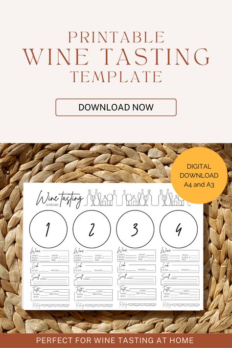 This wine tasting notes scorecard is perfect for running a wine-tasting at home. It comes in printable files and has a spot to write about four wines, including a spot to place each wine glass and an area to record your tasting notes for each wine. This is perfect for running a wine tasting with friends - simply print out the sheets and give one to each person to record their tasting notes on the wines. You could either do a blind wine tasting or discover some new favourites. Blind Wine Tasting, Wine Tasting Notes, Wine 101, Bourbon Tasting, Wine Tasting Party, Tasting Party, Wine Parties, Wine Tasting, Etsy Australia