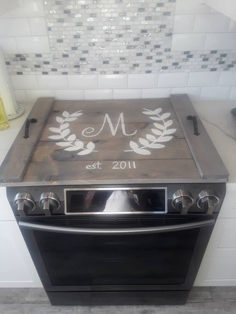 Custom stained stove covers with or without custom decal Electric Stove Burner Covers, Flat Top Stove, Electric Stove Top Covers, Stove Covers, Wooden Stove Top Covers, Wooden Stove, Modern Stoves, Stove Burner Covers, Noodle Board