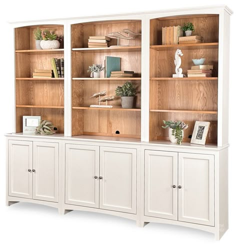 Alder Wood McKenzie 98.5"W Modular Cabinet & Hutch Wall Unit. This item is stocked in Snowbound and Natural finish. This package features one 30", 36" and 30" base cabinets with doors, and one 30", 36" and 30" open hutches to complete a 6 piece wall unit. Features one shelf that can be adjusted behind each set of doors and three shelves that can be adjusted in each upper unit. Choices include: Choose: 24", 30", 36" or 48" case width base cabinets with doors Add optional hutch to match Choose Wood Wall Cabinet, Cabinet With Shelves Above, Large Cabinets In Living Room, Arched Bookcase Wall, Built In Shelves With Doors, Bookshelves With Cabinets Below, Bookcase With Cabinet Base, Latest Cupboard Designs For Bedroom, Built In Cabinets Living Room