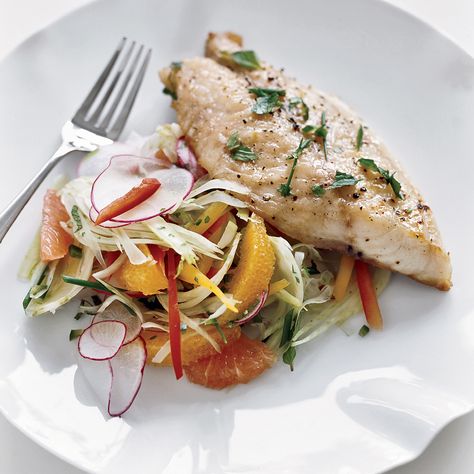 Chef Way Daniel Boulud broils snapper right on dinner plates, topping the fish with citrus, diced jalapeño and bell peppers. A simple radish-fennel sa... Chicken Fennel, Asian Seafood, Fennel And Orange Salad, Fish Entrees, Recipes Fish, Fennel Salad, Orange Salad, Red Snapper, Savoury Recipes