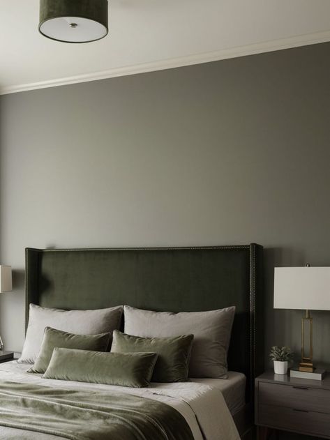 Grey Olive Green Bedroom, Olive Green Bed Sheets Aesthetic, Olive And Gray Bedroom, Khaki Headboard Bedroom, Bedroom With Olive Green Accents, Olive And Grey Bedroom, Light Olive Green Bedroom, Green And Grey Bedroom Aesthetic, Black And Olive Green Bedroom